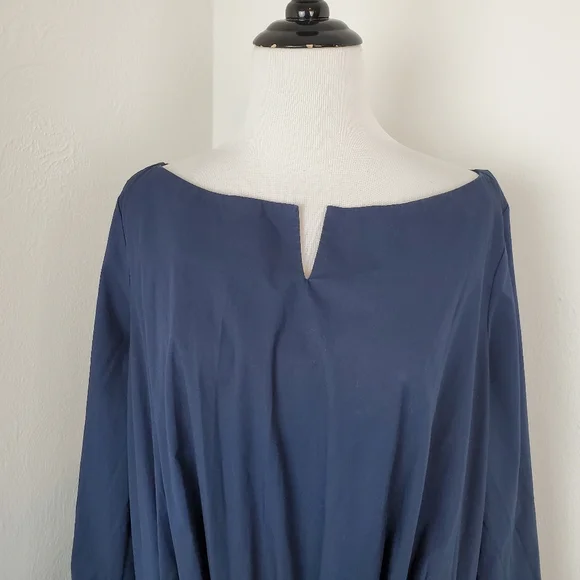 Eshakti Dress Bishop Sleeve Cotton Poplin Pleated Navy Blue Modest Classic Midi - Picture 4 of 15